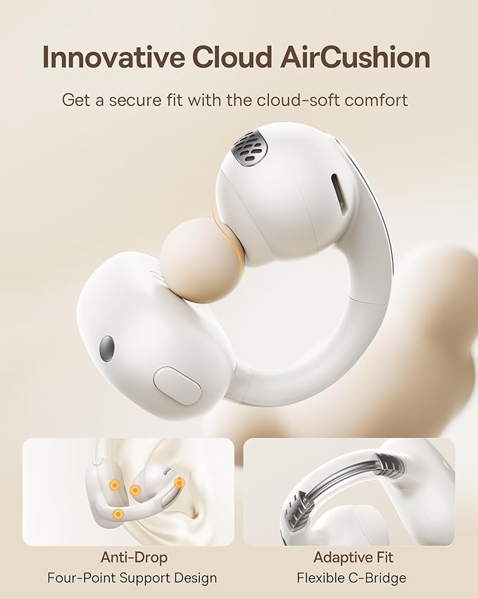 Baseus Bowie MC1 Open Ear Clip-On Earbuds, Adaptive Comfort with Anti-Drop Design, Impactful Sound with Adaptive Bass Boost, Adaptive Noise Cancelling Calls, IP57 Waterproof, 40H Playtime, Lightweight
