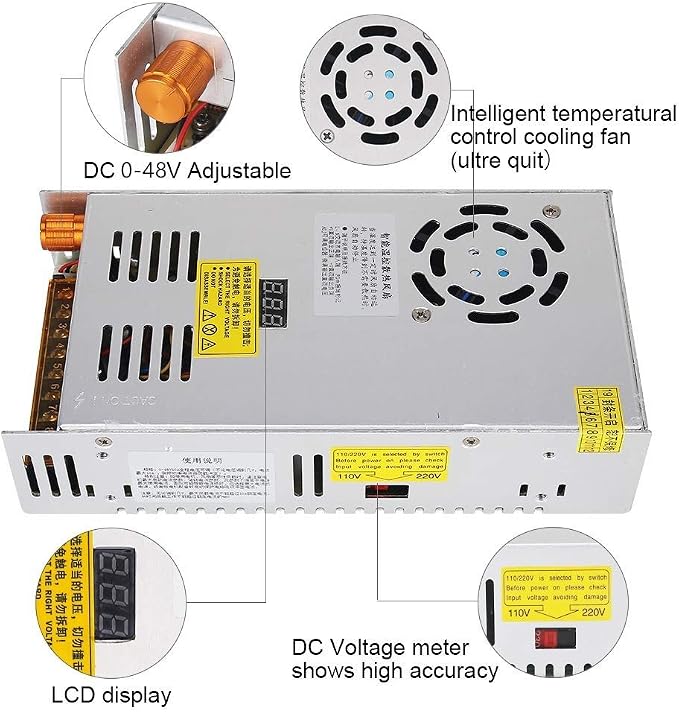 Adjustable DC Power Voltage Converter AC 110V-220V to DC 0-48V 10A Module Switching Power Supply Digital Display 480W Voltage Regulator Transformer Built in Cooling Fan