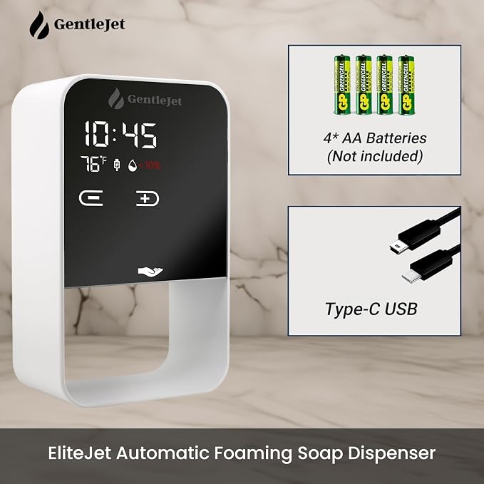 GentleJet EliteJet Automatic Foaming Soap Dispenser Touchless Sensor, LED Display, 5 Foam Levels, Wall Mount or Countertop, Rechargable USB-C or Battery Powered, Aluminum Alloy, 480 ml Refillable