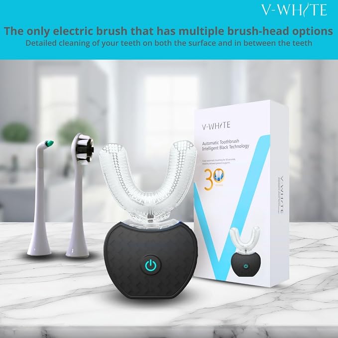V-WHITE Adults Auto Brush Ultrasonic U-Shaped Toothbrush – 360° Teeth Cleaning, Hands-Free Electric Autobrush – Gum Protection, Waterproof IPX7, Wireless Charging