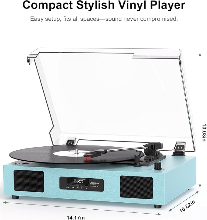 Vinyl Record Player with Bluetooth, 3-Speed Belt-Drive Turntable with Built-in Speakers, USB Recording, RCA/AUX/Headphone Jack, Classic Blue Record Player
