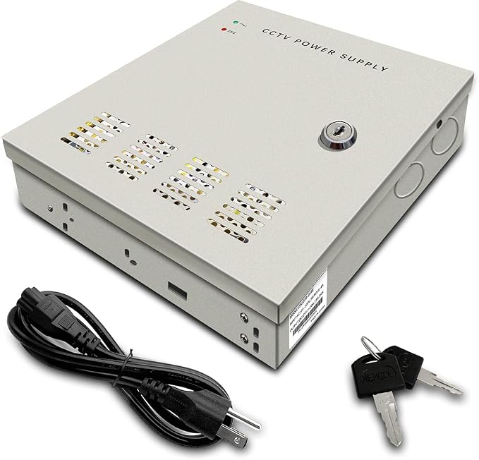 18 Channel 12 Volt DC Output 20A CCTV Distributed Power Supply Box for Security Camera with AC Plug and Lock for Security Cameras, DVRs, CCTV Power Supply (20A 18-Channel)