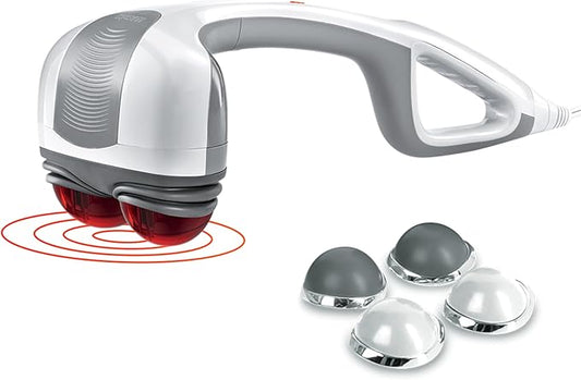 Homedics Back Massager - Heated Automatic Percussion Back, Body and Neck Massager with Duel Pivoting Heads, Interchangeable Nodes, for Shoulders, Legs and Feet, White