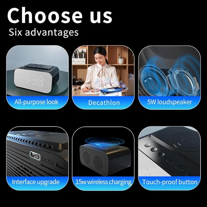 Multifunctional Wireless Charging Station with Bluetooth Speaker,Digital Alarm Clock,FM Radio,HD Display & Smart Noise-Cancelling Mic–Adjustable Brightness,Charge While Listening,BT510 White.