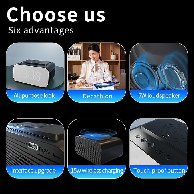 Wireless Charging Clock Radio with 15W Fast Charging, Bluetooth 5.1 Speaker, Dual 5W Stereo Sound, LED Display, AUX-in, and Payment Notification for Home & Office, BT510 White.