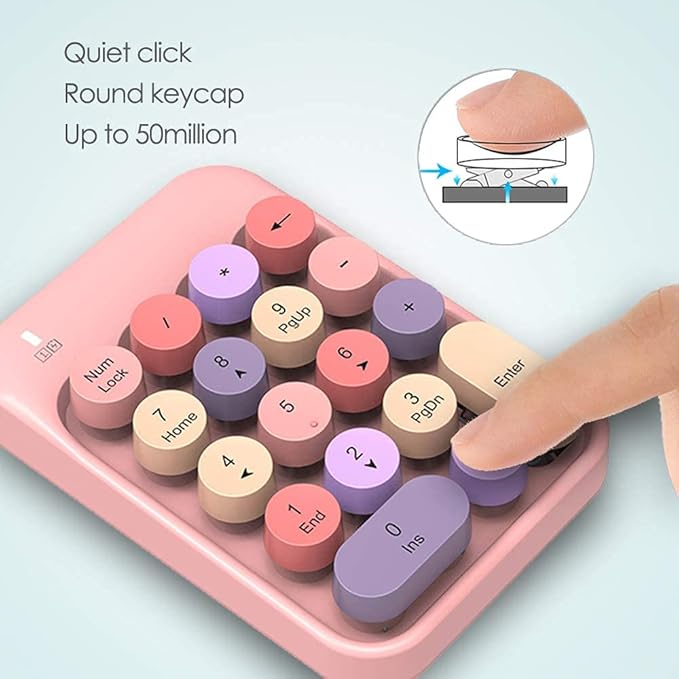 FELICON Wireless Numeric Keypad 18 Keys with 2.4G Mini Portable Silent Number Pad USB Receiver Financial Accounting Keyboard Extensions for Laptop Desktop PC Pro（Pink Mix）