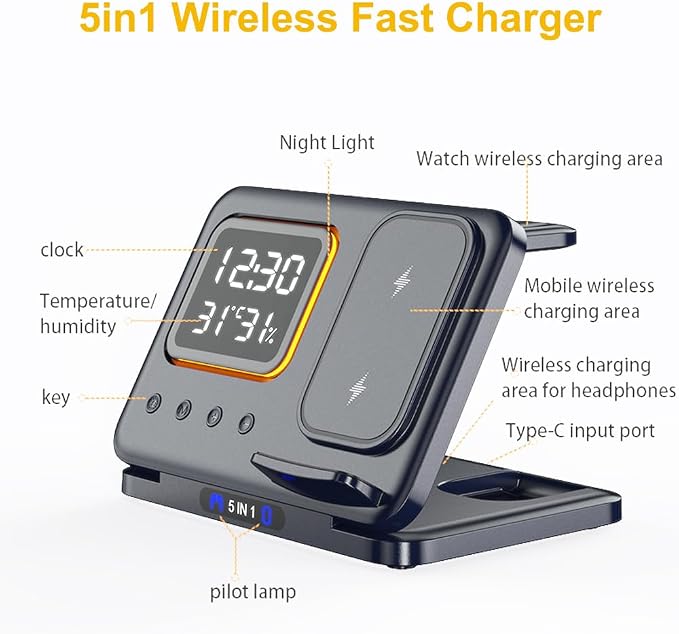 IHAO 5in1 Multi Functional Wireless Charging Station Digital Clock 15W Fast Charging Temperature Display Wireless Charger for All Qi Phone and TWS Headphone Compliant with Apple Watch-D15 White