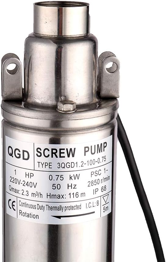 1HP 3" OD Pipe Stainless Steel Submersible Deep Well Pump 328FT 1" Outlet 0.75KW 80mm Bore Screw Water Pumps for Industrial and Home Garden Use,220V/50Hz