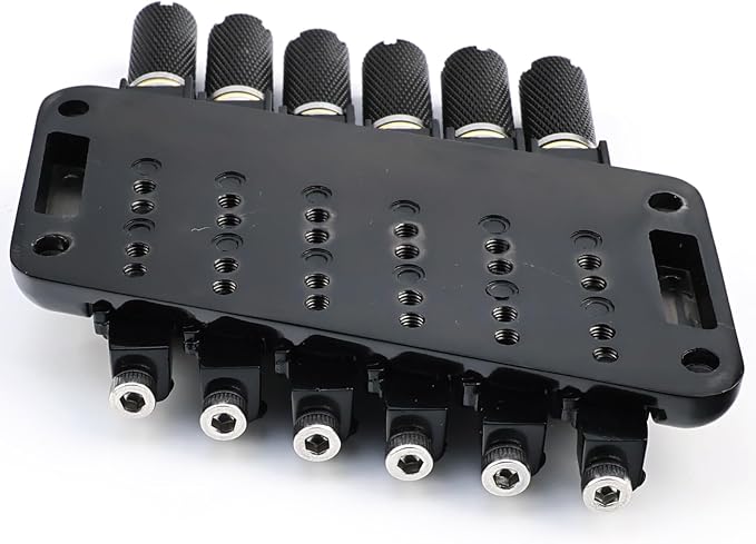 Fanned-fret 6 String Headless Guitar Bridge 10.5mm Headless Fixed Bridge -Brass Saddles Zinc Alloy Plate, Easy Installation/Adjustment, Fits Most 6-String Headless Electric Guitars Black