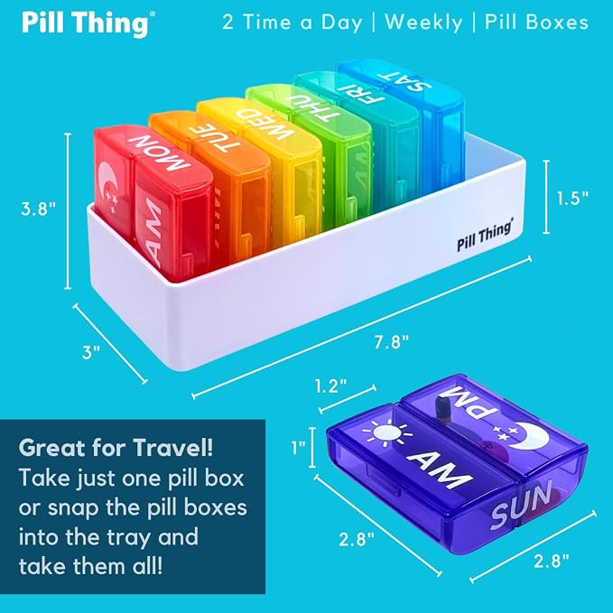 2 Times a Day, 7 Day Large Weekly Pill Organizer with Holder Tray, Vitamin, Medicine Box, Multicolor with Medical Alert Card (2X a Day - 2 Pack)