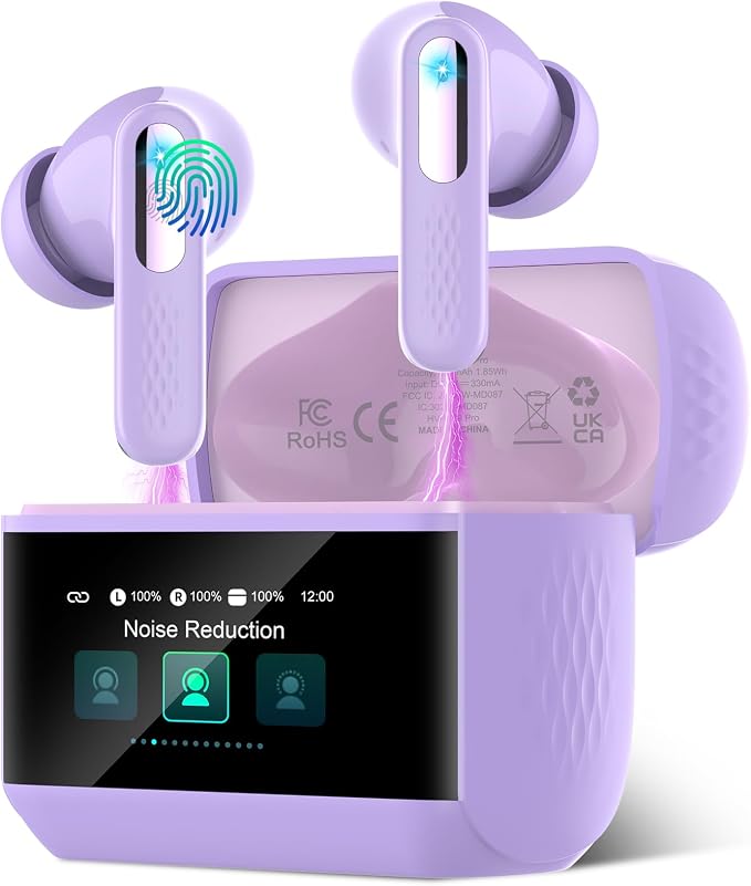 Wireless Earbuds with Touch Screen, Bluetooth 5.4 Headphones, ANC/ENC Noise Cancelling, 48H HiFi Stereo Bluetooth Ear Buds with 5 EQ Modes, Transparency Mode, IPX7 Earphones, Purple