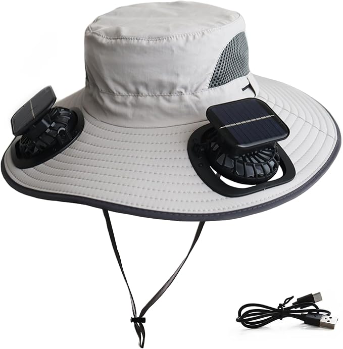 Solar Fan Hat Rechargeable 2Detachable Solar Fans,Water-Repellent Wide Brim Bucket Hat, Outdoor Camping Hiking Golf Sun Hat