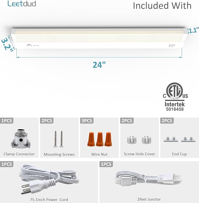 Leetdud Under Cabinet Lighting Plug in or Hardwired Built-in Dimmer, 24 Inch 12W, 5CCT 2700/3000/3500/4000/5000K, Linkable Counter Lights for Kitchen, ETL Dimmable LED Light Fixture, White