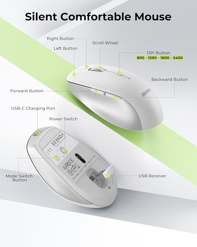 seenda Wireless Bluetooth Keyboard Mouse Combo, COE401 Rechargeable Silent Keyboard Mouse Compact Slim, 3 Multi-Device Connection, Compatible for Windows/Mac PC Laptop MacBook iPad, White Silver