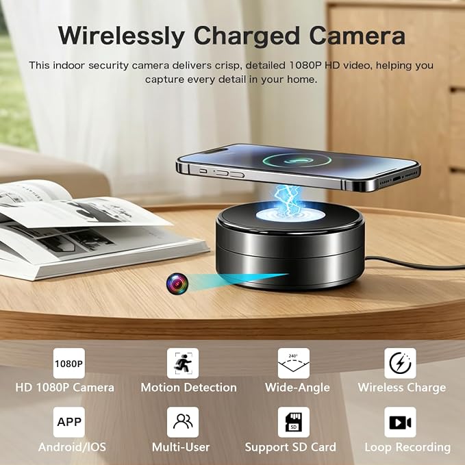 Security Camera Wireless Charging — 1080P HD Surveillance, 250° Wide-Angle Lens, Motion Detection Support; Ideal for Home Security and Baby/Pet Monitoring (Supports Dual-Band 2.4/5GHz)