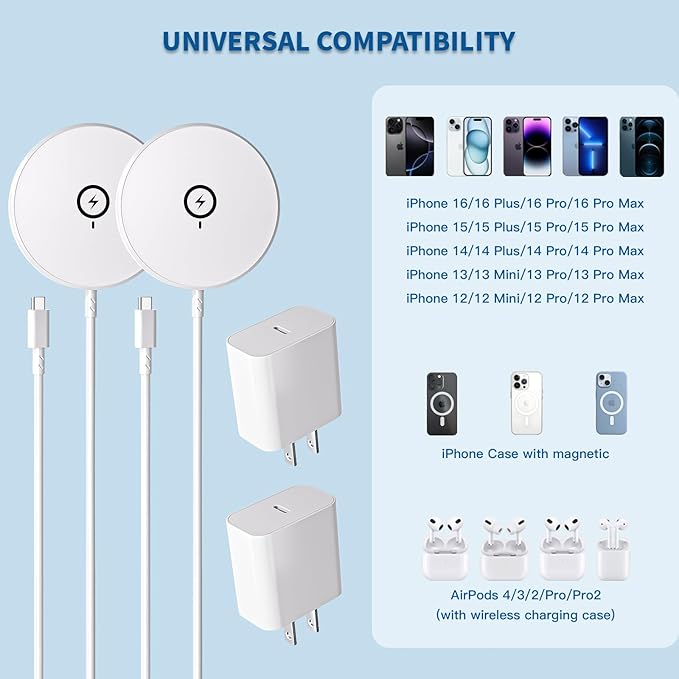 【Apple MFi Certified】Magnetic Wireless Charger 10FT Apple Magsafe Charger,2Pack Fast Mag-Safe Charging Wireless iPhone Charge Pad 10Foot USB C Block Adapter for iPhone 17 16 15 14 13 12 Series,AirPods