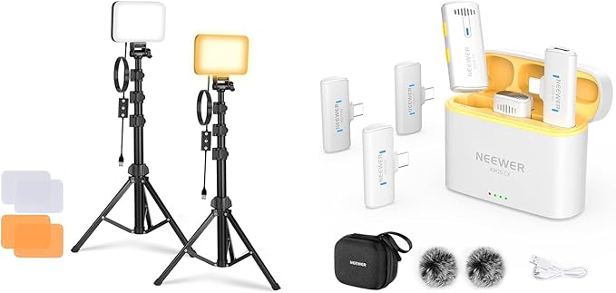 NEEWER Basics BP66 2 Pack LED Video Light Panel Lighting Kit + KM20 Wireless Lavalier Microphone System for iPhone Android Phone Computer Tablet, White