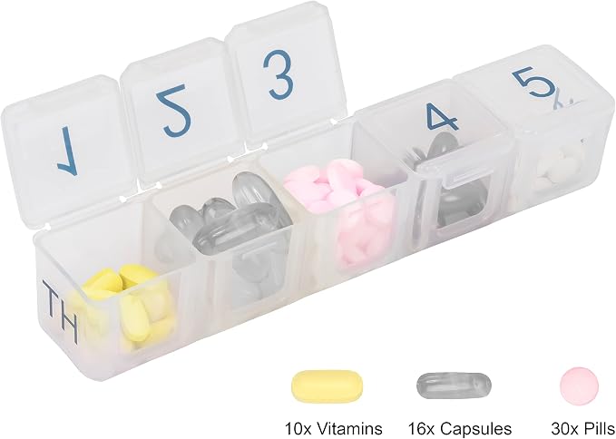e-Pill 5 Times a Day x 7 Day Large Weekly Pill Organizer, Vitamin and Medicine Pill Box - with Discreet Case (Clear)