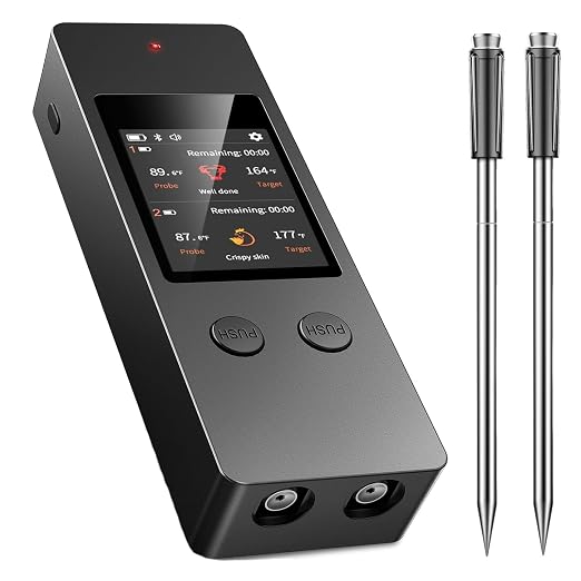 Wireless Meat Thermometer, Dual Probes, Food Thermometer for Cooking, No App Required, Smart Alerts, Custom Temperature Control, HD Touch Screen for BBQ, Grill, Oven, Smoker