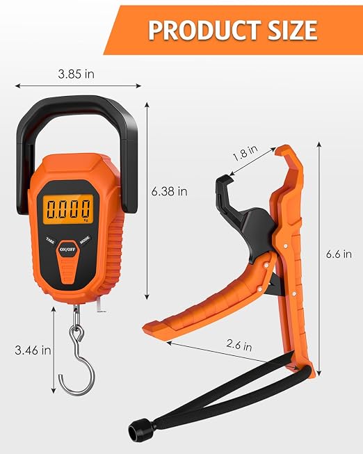 Digital Fishing Scale with Lip Gripper & Tape Measure, 110lb/50kg Waterproof Fish Weight Scale with LCD Display, Hanging Fish Weigher for Bass Fishing & Boat, Perfect Fishing Gifts for Men
