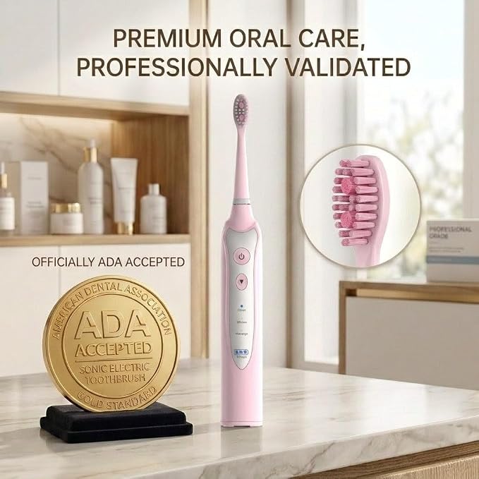 Sonic Electric Toothbrush for Adults, Rechargeable Power Toothbrush with 5 Replacement Heads, Travel Case, 3 Modes, 2 Minute Timer, IPX7 Waterproof Cordless Electric Toothbrush | Pink