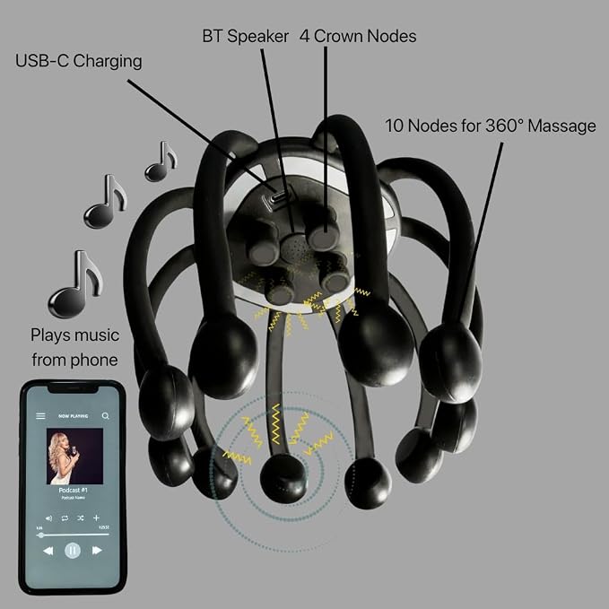 Azpen Electric Scalp Massager with Bluetooth Music, Cordless Portable Head Massager, 14 Massage Nodes, 5 Modes, 360° Scalp Relaxation and Stress Relief Device