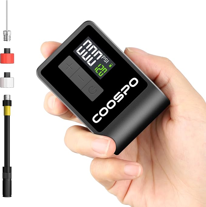 CooSpo Mini Electric Bike Pump, Portable Tire Inflator Portable Air Compressor, Max 120 PSI, Auto Shut-Off Air Pump with Presta/Schrader Valves for All Bicycles, Ball, Car Accessories