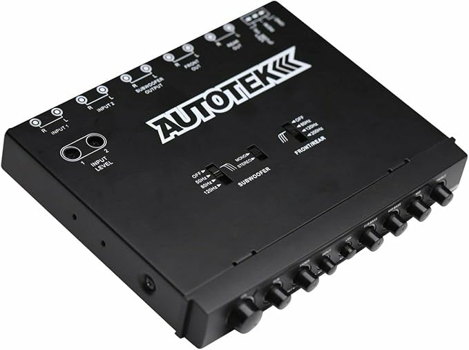 Autotek ATEQ709 4-Band Audio Equalizer with Built-in 2-Way Crossover, 9 Volts, 1/2 DIN, re-amp EQ with Front/Rear Active Crossover, and Selectable 12dB high-Pass Crossover,Black