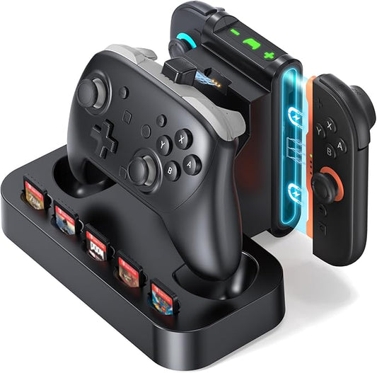 2 in 1 Charging Dock for Nintendo Switch 2 Pro Controller & Joycon, Fast Charging Station with Magnetic Snap, 5 Game Card Storage, Type-C Port, Non-Slip Base, LED Indicators, Durable Organizer Stand