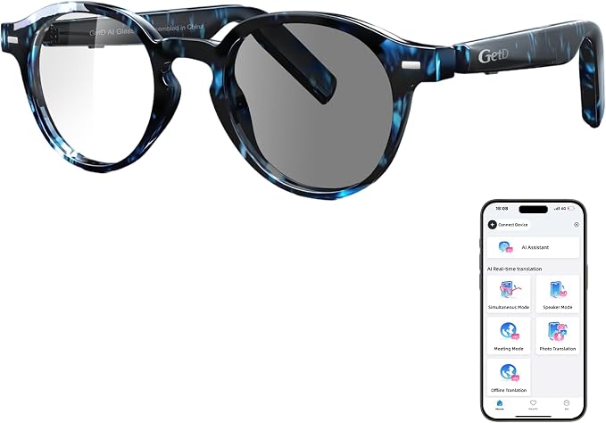 GetD AI Glasses for Men & Women - Blue Tortoiseshell Smart Glasses with 145-Language Translation, Blue Light Blocking, Polarized & Photochromic Lenses,11-Hour Music Play for Travel and Daily Use