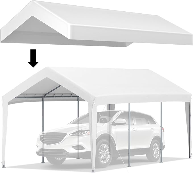 VEVOR Carport Replacement Canopy Cover, 10 x 20 ft, Ripstop Triple-Layer PE Fabric Garage Top Tarp Shelter Cover, UV Resistant Waterproof Car Cover Tent for Carports (Frame is not Included), White