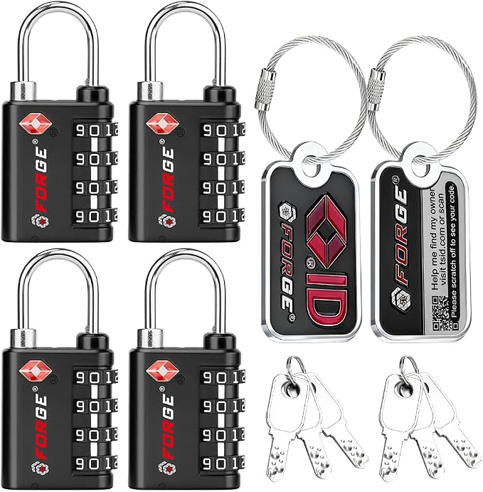 Forge Dual-Opening: Key or Combination Lock, TSA Approved Lock for Luggage, Pelican case, Travel, Gym, School, Luggage Combination Lock, Travel Bag Lock (Black 4 Locks and 2 ID)