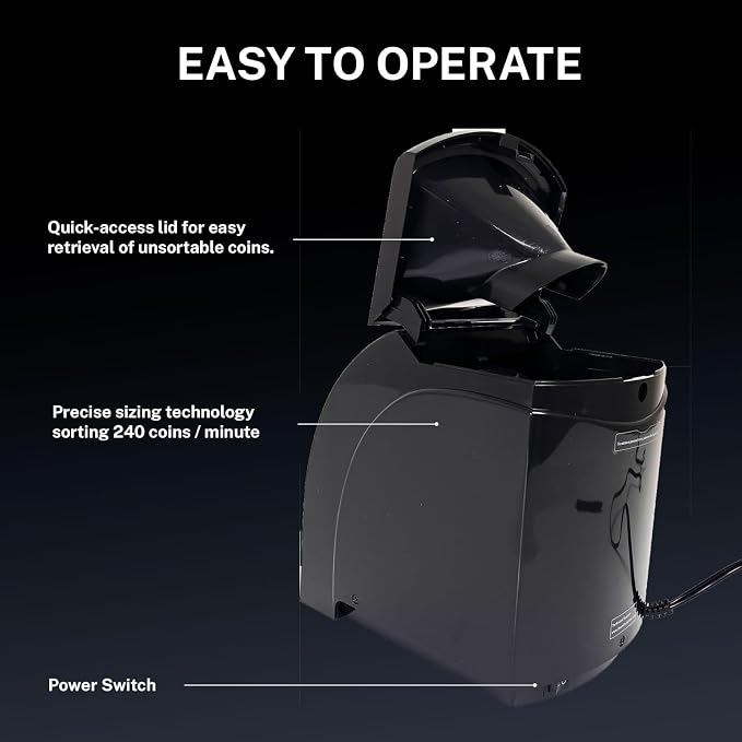 Automatic Coin Sorter, 1 Row with Quick-Access Lid, Patented Anti-Jam Technology, and Coin Wrapper Starter Pack Included (CSD-1000)
