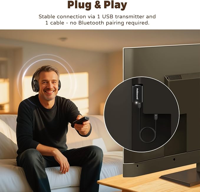 Holdsound Wireless Headphones for TV, BKM400 Over-Ear TV Headphones Wireless with Bluetooth USB Transmitter, Strong Compatibility, Up to 165 ft, No Delay and High Volume Output, 40 Hours Battery Life