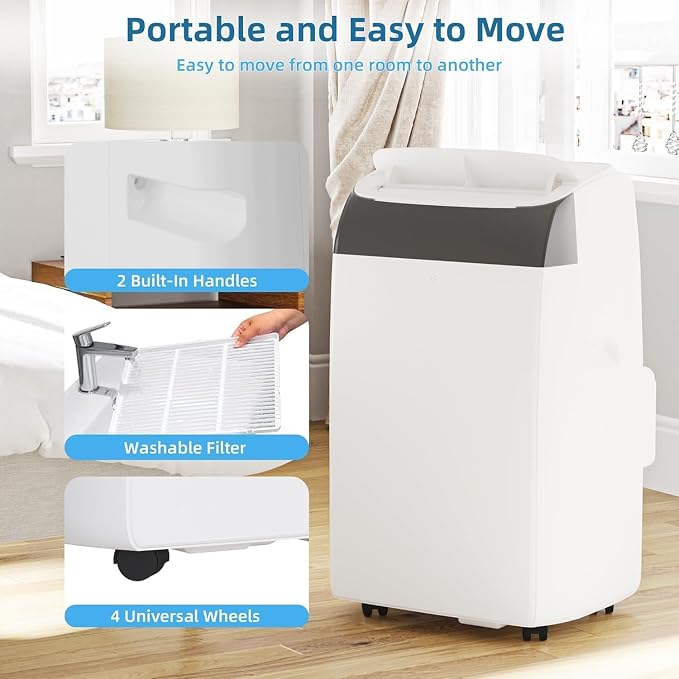 14000 BTU Portable Air Conditioner, Cools Rooms up to 750 Sq.Ft. for Bedroom, 3-in-1 AC Unit Portable with Dehumidifier & Fan Modes, LED Display, Remote Control & Window Kit for Home, Office
