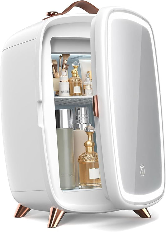 Electactic Mini Skincare Fridge with Dimmable LED Mirror, 6L Makeup Fridge Holds 8 Cans, 7° Lean-Back Mirror Design, Portable Cosmetic Refrigerator for Skincare, Beauty Products & Drinks, White