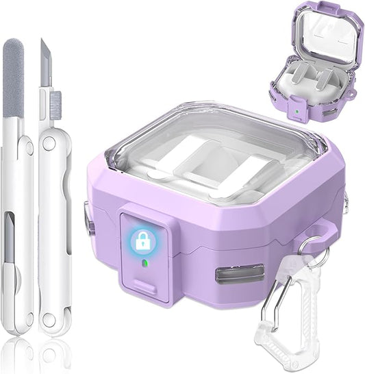 with Safety Lock for Samsung Galaxy Buds 4 Pro Case, Galaxy Buds 4 Case Cover, Clear Cyber Cases with Keychain & Cleaning Kit, Military Grade Armor Shockproof Full Body Protective Hard Shell (Purple)