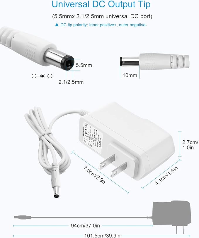 ALITOVE 12V 1A Power Supply DC 12 Volt Power Adapter 12V 1000mA 600mA 800mA 12W AC/DC Adapter 100V~240V AC to DC 12V Power Cord with 5.5x2.5mm Tip for Router LED Strip Security Camera System, White