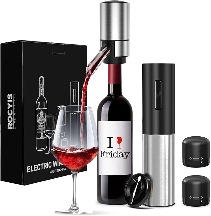 Wine Gifts-Electric Wine Opener and Aerator Set-Wine Dispenser Battery Operated, Rechargeable Wine Bottle Opener & Pourer with Foil Cutter, Vacuum Stoppers,Black Set