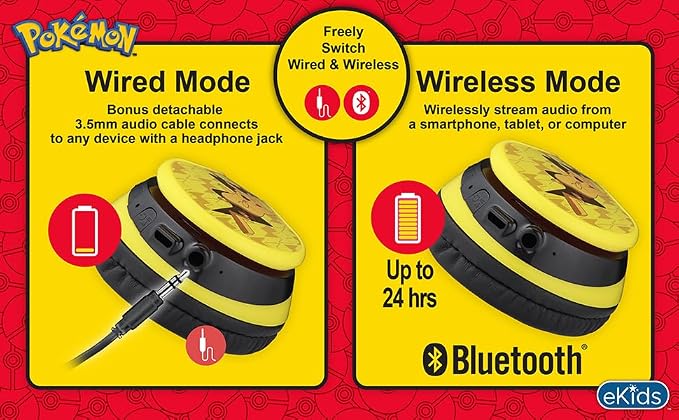 eKids Pokemon Kids Bluetooth Headphones, Wireless Headphones with Microphone Includes Aux Cord, Volume Reduced Kids Foldable Headphones for School, Home, or Travel,Yellow