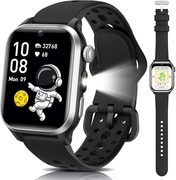 Smart Watch for Kids NO APP/Phone, 1.52" Fitness Tracker Watch Pedometer, Heart Rate, Flashlight, Video Camera, Puzzle Games, Sleep Monitor, IP68 Waterproof, Gift for Boys Girls 5-16,Black