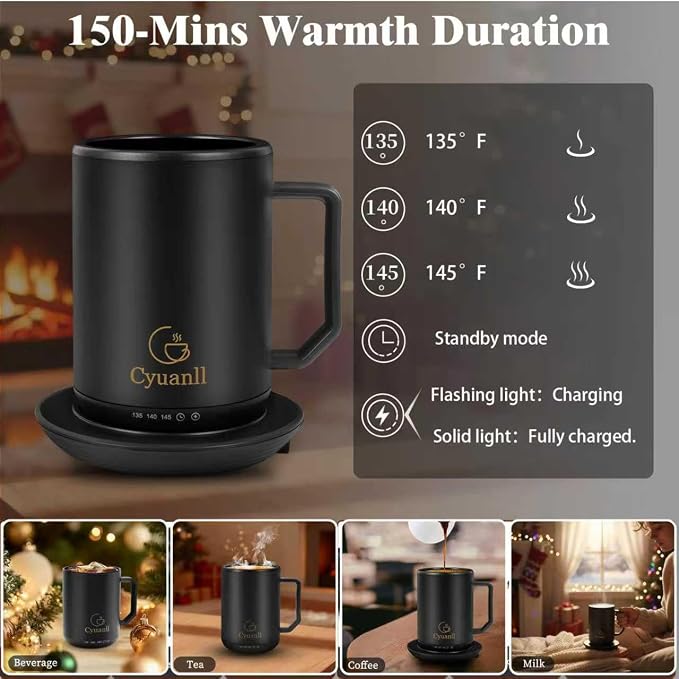 Upgraded Heated Coffee Mug with Auto Shut-Off Function,Self-Heating Temperature Control Mug with Lid and Spoon,Smart Mugs Warmer for Coffee,3 Temperature Settings,Gifts for Men and Women(Black-12 oz)