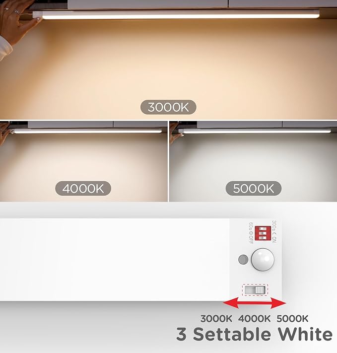 Leetdud Under Cabinet Lighting Plug in 16 Inch, 120V Motion Sensor Lights Indoor, 3CCT 3000/4000/5000K, Aluminum Linkable Super Bright LED Counter Light with Timer for Kitchen, Shelf, Closet, 1 Pack