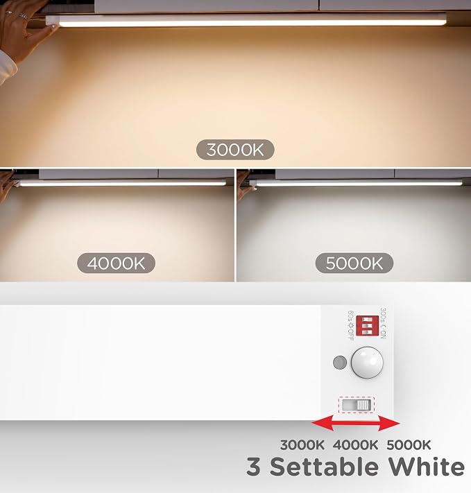 Leetdud Under Cabinet Lighting Plug in 16 Inch, 120V Motion Sensor Lights Indoor, 3CCT 3000/4000/5000K, Aluminum Linkable Super Bright LED Counter Light with Timer for Kitchen, Shelf, Closet, 4 Pack
