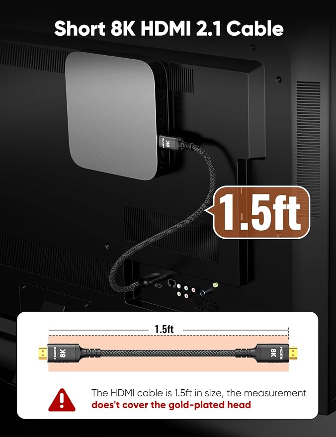 Snowkids 8K HDMI 2.1 Cable 1.5 ft, Non-Slip Nylon Braided, 48Gbps Ultra High-Speed HDMI Cables Cord, 10K 8K@60Hz, 4K@120Hz Compatible for TV/PS-5/X-box/Projector/Sound System & More