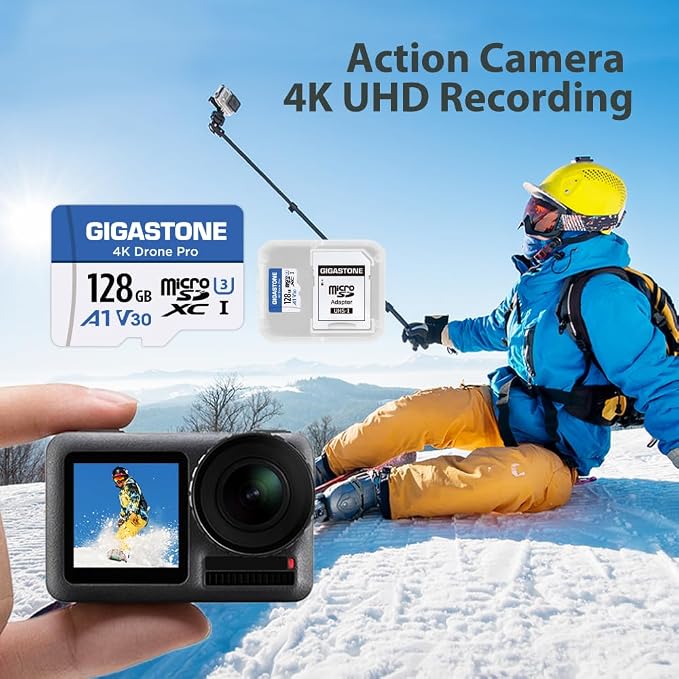 【Designed for Drone】 GIGASTONE 128GB Micro SD Card, 4K Drone Pro, MicroSDXC Memory Card for Security Camera, DJI Drone or Action Camera, 4K Video Recording, UHS-I U3 A1 V30, 100MB/s, with Adapter.