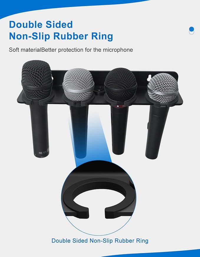 Multi Microphone Holder for Wired and Wireless Mics, Hold Up to 4 Mics, Multiple Mic Organizer Storage for Mic Stand, Rubber Padding/Wall Mounted or Mounted to 5/8"-27 or 3/8"-16 threaded Stands