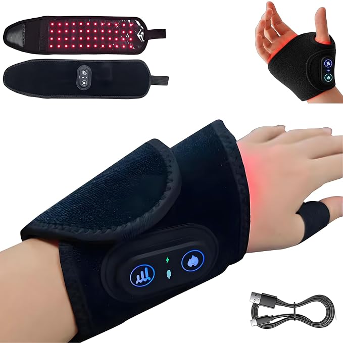Therawrap for Carpal Tunnel, Red Light Kovarias Therapy Wrist Wrap with Heat, 660nm & 850nm Dual Wavelength, 3 Adjustable Heat Levels, 48 LEDs, USB Rechargeable, Machine Washable for Daily Relaxation