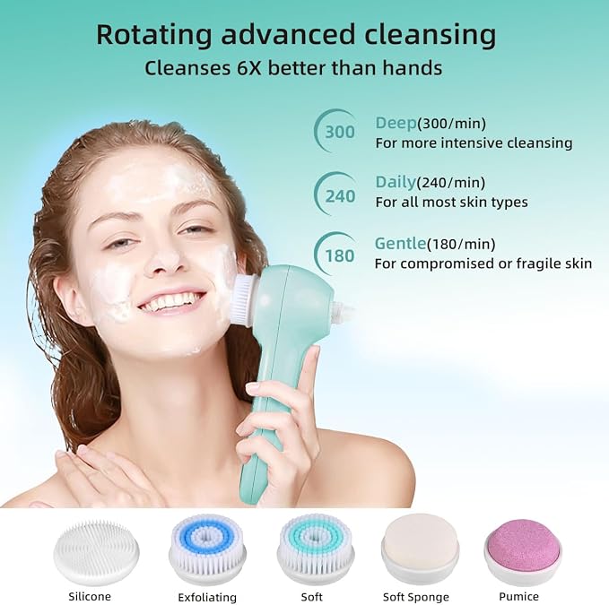 UMICKOO Face Scrubber Exfoliator,Facial Cleansing Brush Waterproof with LCD Screen,Blackhead Remover Vacuum with 5 Brush Heads,Face Spin Brush for Exfoliating (Mint-Green)