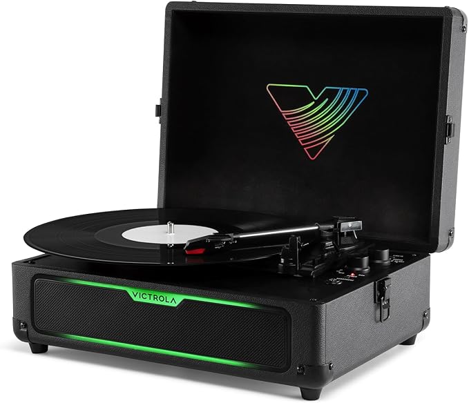 Victrola Journey Glow – Illuminated Suitcase Record Player – 18 RGB Light Effects, Stereo Speakers with Enhanced Bass, Bluetooth Streaming, (Black)